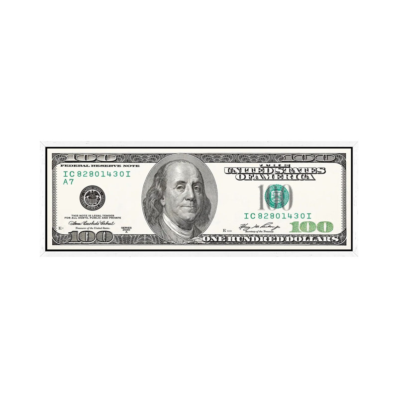 One Hundred Dollar Bill 1 Piece Panoramic Wall Art on Canvas, 30.48cm H x 91.44cm W x 3.81cm D, White Framed