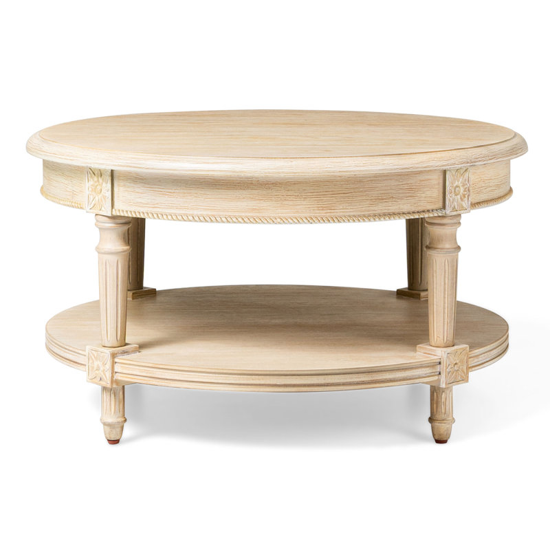 Antiqued White Round Wooden Coffee Table with Shelf Storage