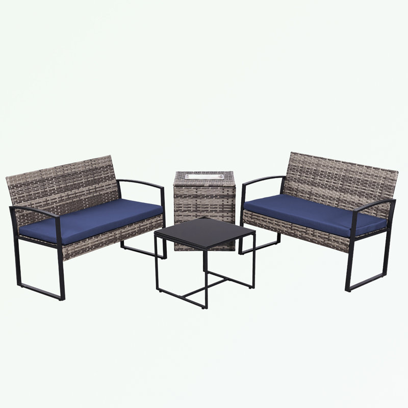 Ensemble de meubles d'extérieur en osier 4 pièces avec coussins lavables et boîte de rangement, Bleu, Gris