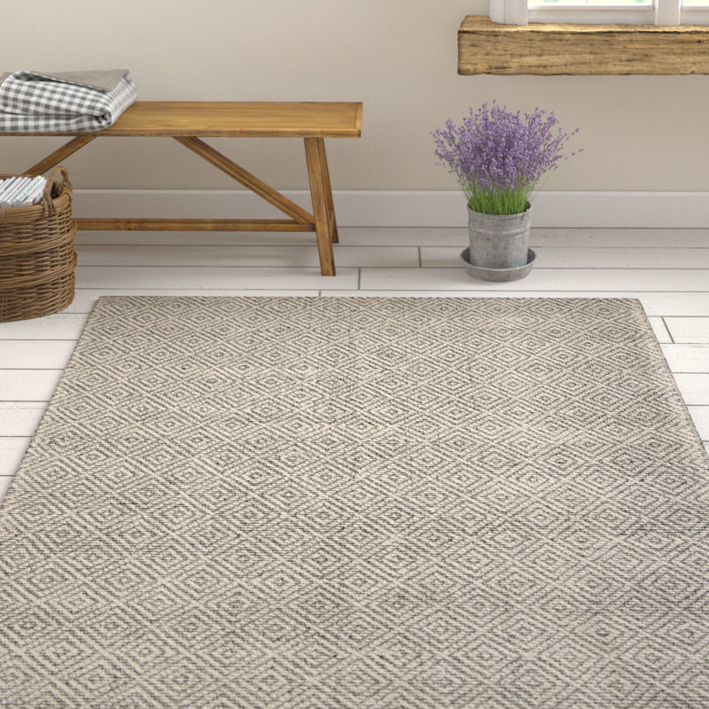 Tapis ivoire / noir en laine tissé à la main Matchett, Rectangle 5 pi x 8 pi