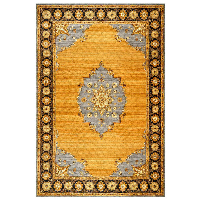 Girvin Yellow Gray Oriental Machine Printed Cotton Polyester Area Rug, Rectangle 4' x 5'11"