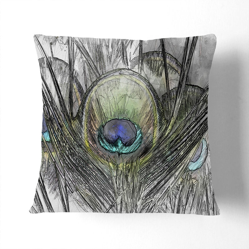Peacock Feathers Cushion with Filling, White, 40cm H x 40cm W x 15cm D