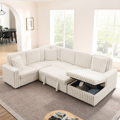Modern Minimalist Corduroy U - Shaped With Pull Out Bed Function, Storage Chaise, 6 Seat Comfort In Beige. Its Vertical Striped Corduroy Fabric Offers A Soft Touch And Retro Texture. Full Cushion