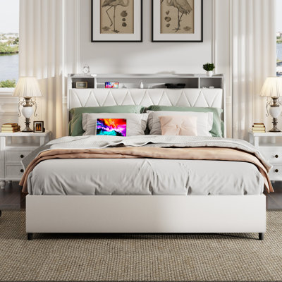 Cadre de lit avec tête de lit ergonomique, cadre de lit plateforme avec prises et chargeur intégrés, cadre de lit en métal avec tablette de rangement intégrée, silencieux et sommier non requis