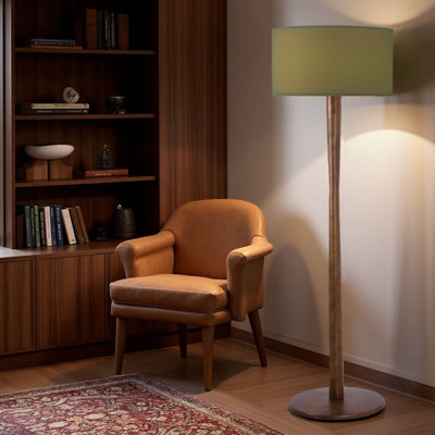 61'' Modern Walnut Wood Column Floor Lamp with Green Linen Drum Shade, Minimalist Standing Lamp for Living Room or Reading Corner