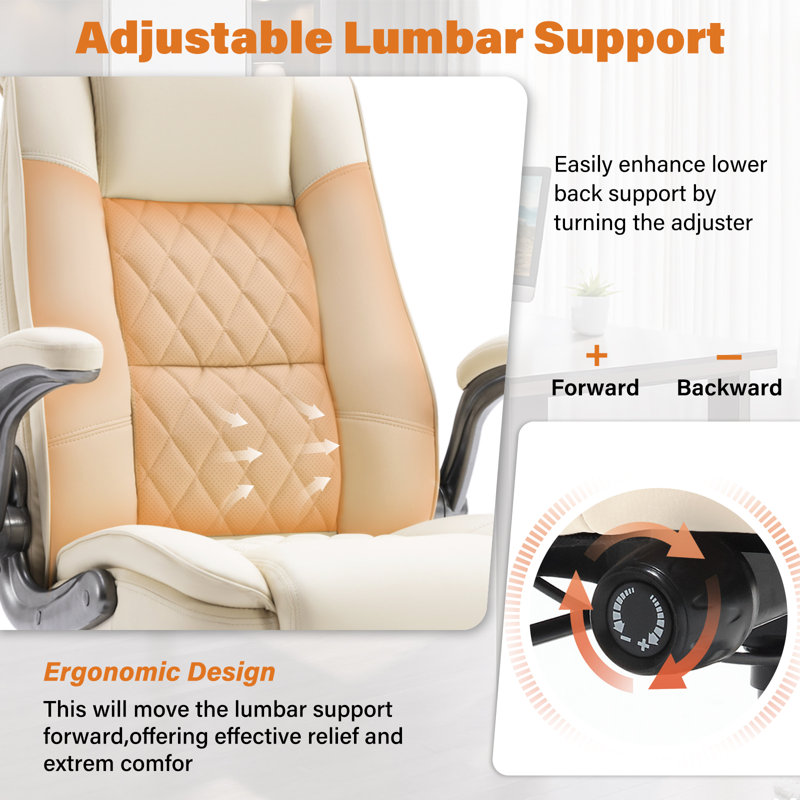 Modern Leather Executive Office Chair With Flip-Up Armrests And Adjustable Lumbar Support, Beige
