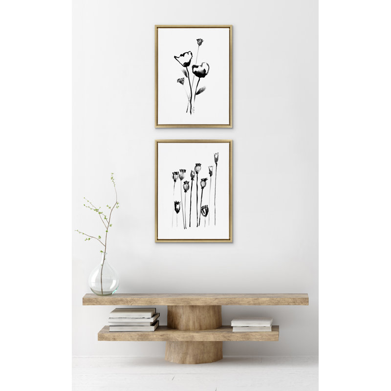 "Black and White Wildflowers and Seedpods" par Teju Reval, ensemble d'art mural sur toile encadrée, Toile avec cadre doré
