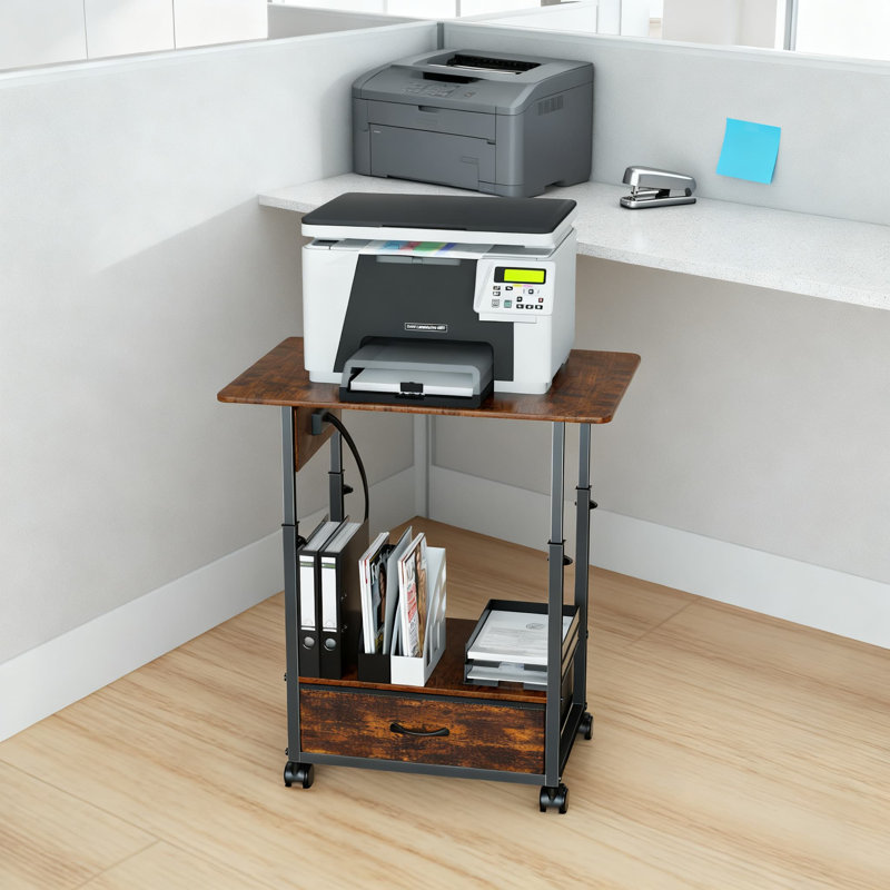Mobile Printer Stand With Charging Station, 2-Tier Adjustable Height Printer Cart With Power Outlets, USB & Type-C Ports, Fabric Storage Drawer And Locking Wheels For Home Office