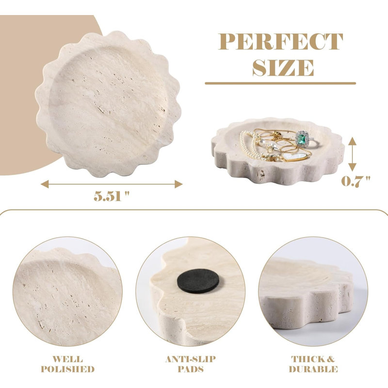 Plateau en travertin de 14 cm (5,51 po), vide-poches en pierre naturelle pour bagues et parfums, plateau décoratif rond festonné pour coiffeuse de salle de bain, comptoir, décoration de table.