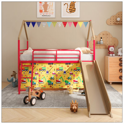 Jack Metal Junior House Twin Loft Bed with Slide and Curtain Set, Super Hero Color Gold and Red