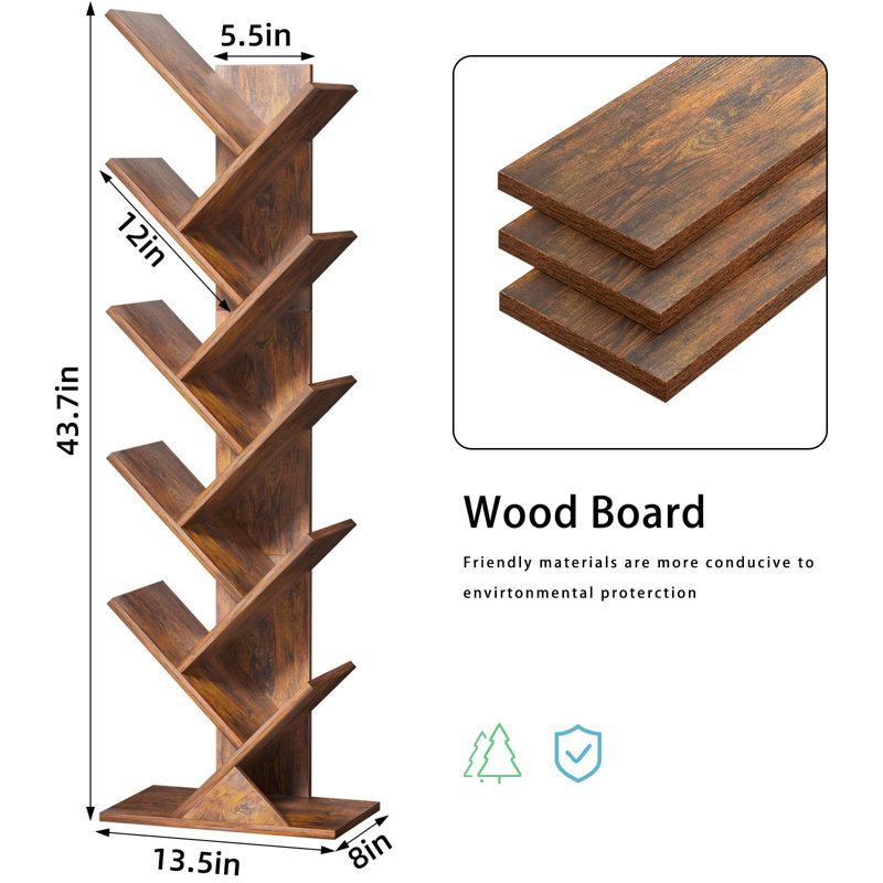 10-Tier Tree-Shaped Bookcase, Freestanding Wooden Bookshelf For Compact Spaces, Storage Organizer Shelving For Books/Cds/Magazines, Floor-Standing Book Rack