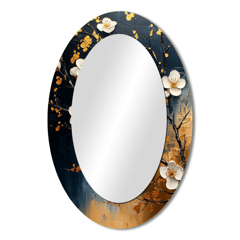 Doré et bleu cerisier en fleurs, paysage III - miroir décoratif ovale floral sur métal, 36 po x 24 po