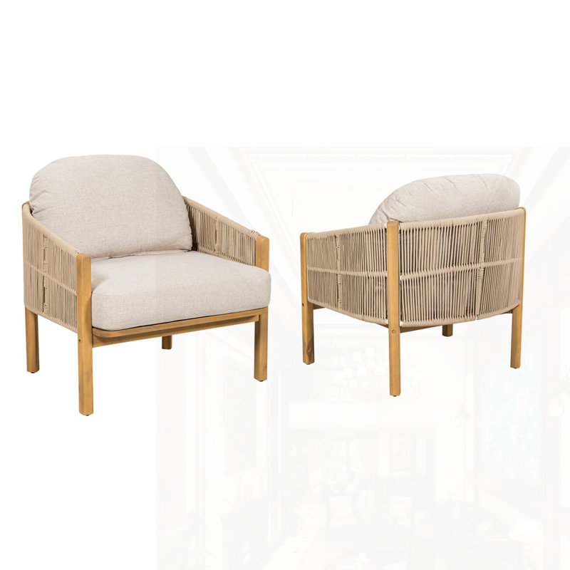 Ensemble de 2 fauteuils club d'extérieur en bois, Coussin beige / structure brun clair