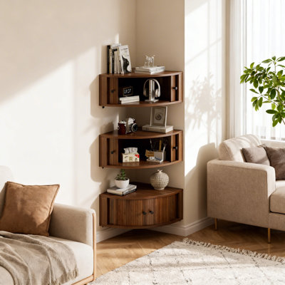 Corner Shelves Wall Cabinet Set Of 3, Curved Floating Corner Accent Cabinet With Sliding Doors