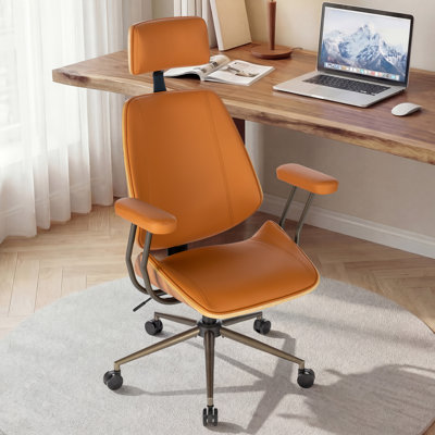 Mid-Century Modern Ergonomic Office Chair with Headrest, Faux Leather & Wood Frame