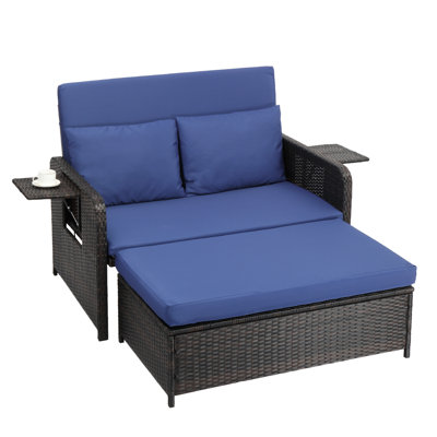 Canapé-lit de patio en PE rotin avec dossier ajustable en rotin et repose-pieds avec rangement
