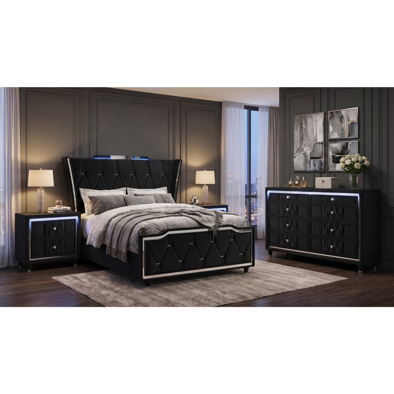 Ensemble de chambre avec grand lit 4 pièces Lincoln Ivory and Camel, Black, 4 Pcs: Bed, Dresser, 2 Nightstands, Queen