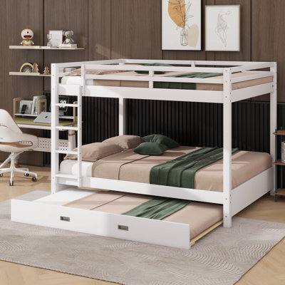 Queen-And-Queen Wooden Bunk Bed With Ladder & Pull-Out Extra Bed, Rustic Solid Wood Design by Harriet Bee