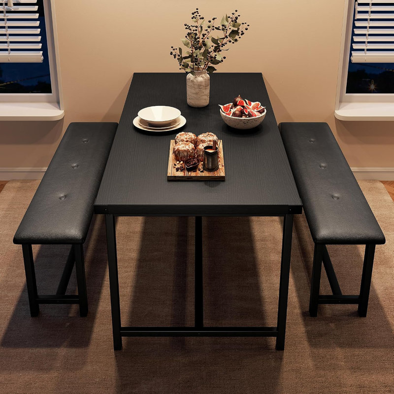 Ensemble table et chaises de salle à manger rectangulaires de style industriel de 44 pouces pour 4 personnes avec 2 bancs rembourrés