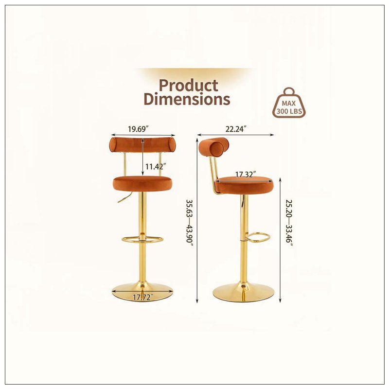 Chaise de bar pivotante rembourrée en velours doux, Rusty Orange+Gold