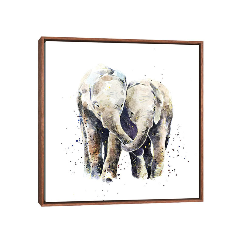 Deux éléphants par EdsWatercolours - impression, Toile avec cadre en bois brun classique, Pas de tapis