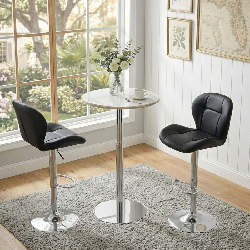 Modern 3PCS Bar Set, Round Bar Height Table With Sintered Stone Top & 2 Swivel PU Leather Adjustable Height Bar Stools With Padded Seat