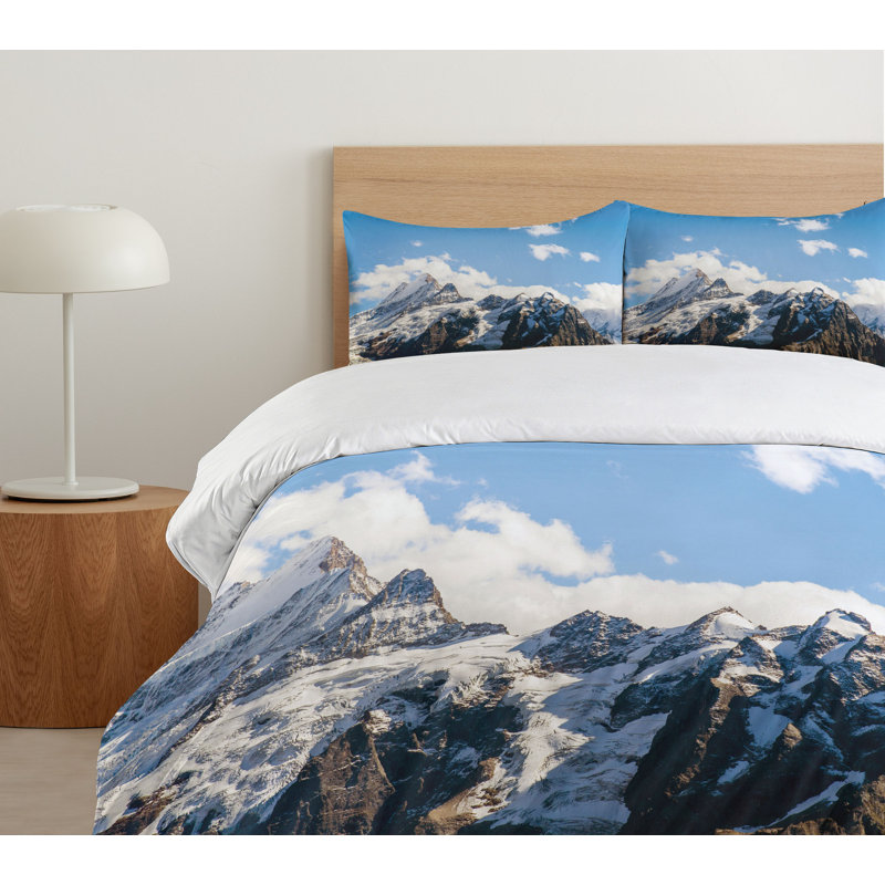 Queen Size Blue and White Mountain Scenery Duvet Cover Set