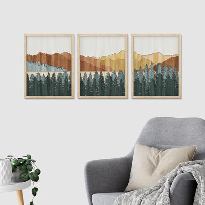 Western Wood Effect Landscape IDEA4WALL Framed Green Pine Tree Wall Art, Set Of 3 Mountain Range Valley Wall Decor Prints, Nature Wilderness Wall Décor For Living Room, Bedroom 3 Pieces