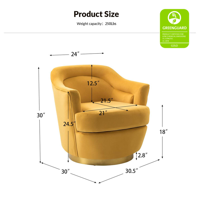 Lundquist Velvet Swivel Barrel Chair, Mustard Velvet