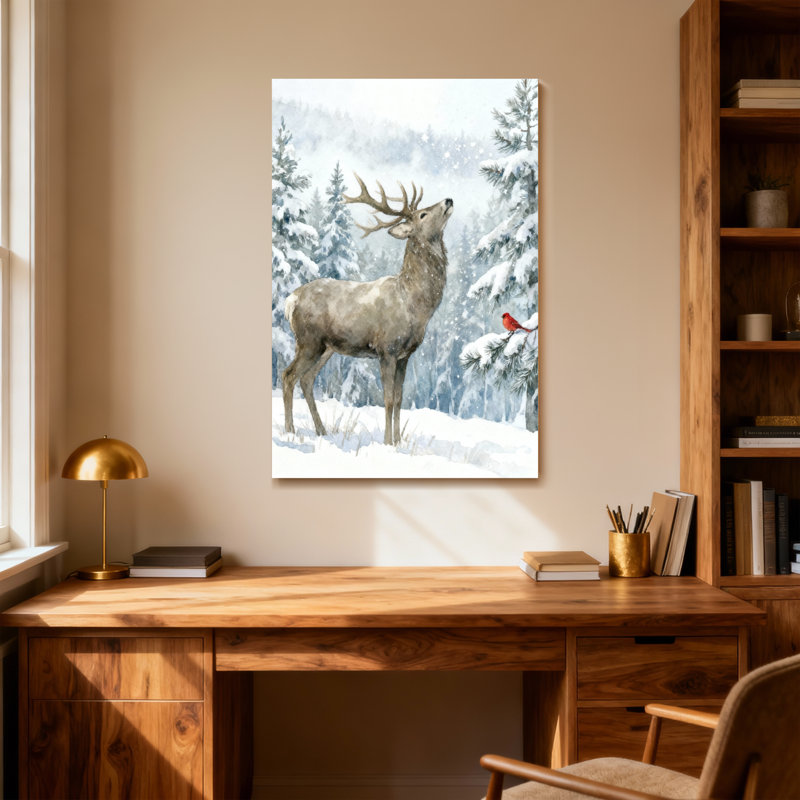 Animaux, hiver, cerf, neige, forêt, oiseau rouge, pins, H 40 po x l 28 po
