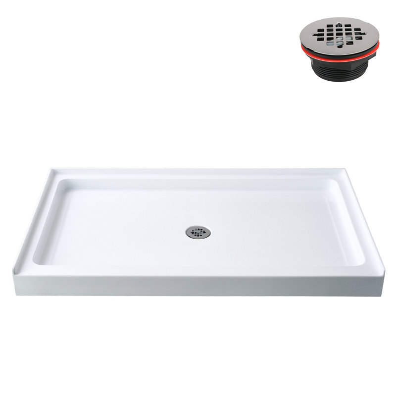 60 in. x 34 in. Alcove Acrylic Shower Base in Glossy White With Center Drain, Drain Included, Glossy White