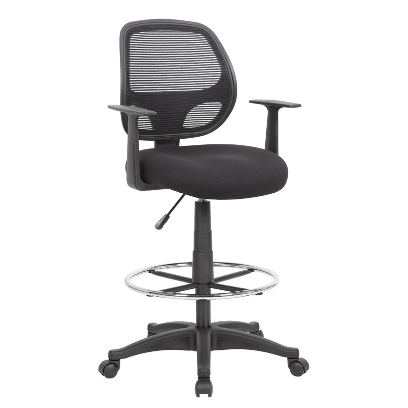 Lem Swivel Office Stool With T Arms, Footring, Black Linear Mesh Back