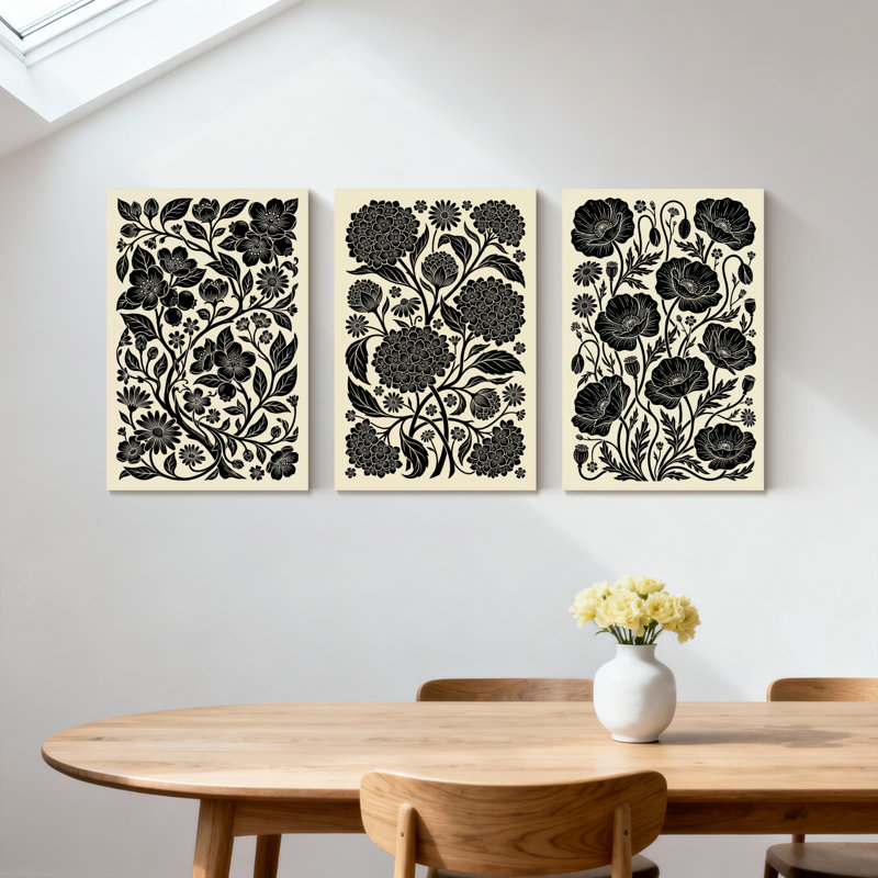 Plantes et fleurs, motif floral noir sur fond crème, ensemble de 3 impressions murales sur toile, H 36 po x l 72 po