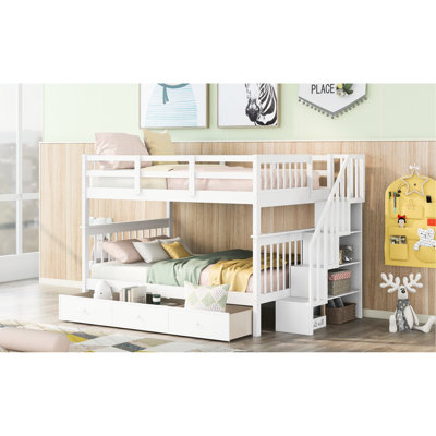 Bedroom Stairway Bunk Bed In White, Full - Over Full, Storage Shelves, Drawer, Guard Rail, Solid Pine Legs, Some Assembly Needed