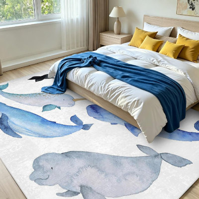 Blue Machine Washable,Sea Animals Whale Ocean Watercolor Indoor Area Rug