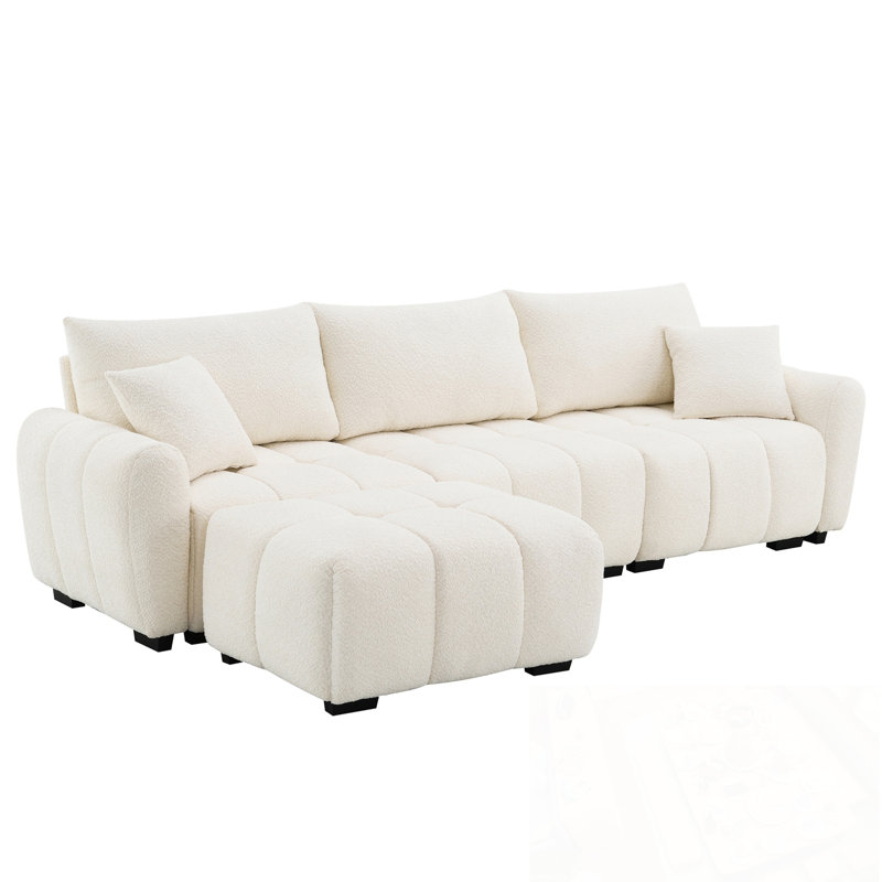 L-Shaped Sectional Sofa With Movable Ottoman, Cream Boucle