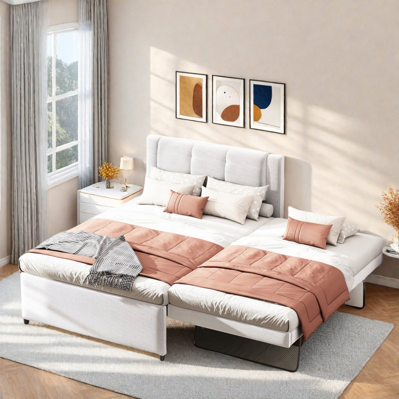 Lit plateforme tapissier avec lit gigogne multifonctionnel, Beige