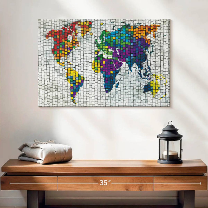 Carte du monde en mosaïque de pierre Aliaz, H 16 po x l 24 po