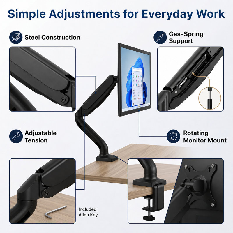 Single Monitor Arm for Desk - Gas Spring VESA Mount, No USB Ports 