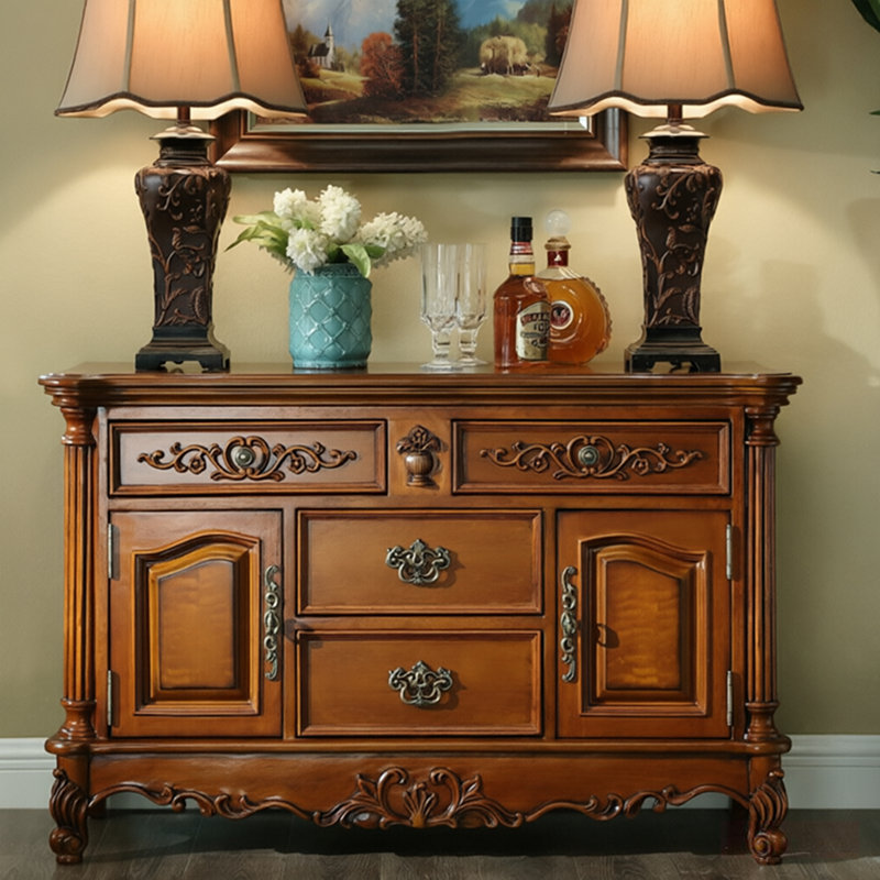 Buffet 47,24 "en bois d'hévéa massif brun avec 2 portes et 4 tiroirs, 29.72" H x 47.24" W x 15.75" D