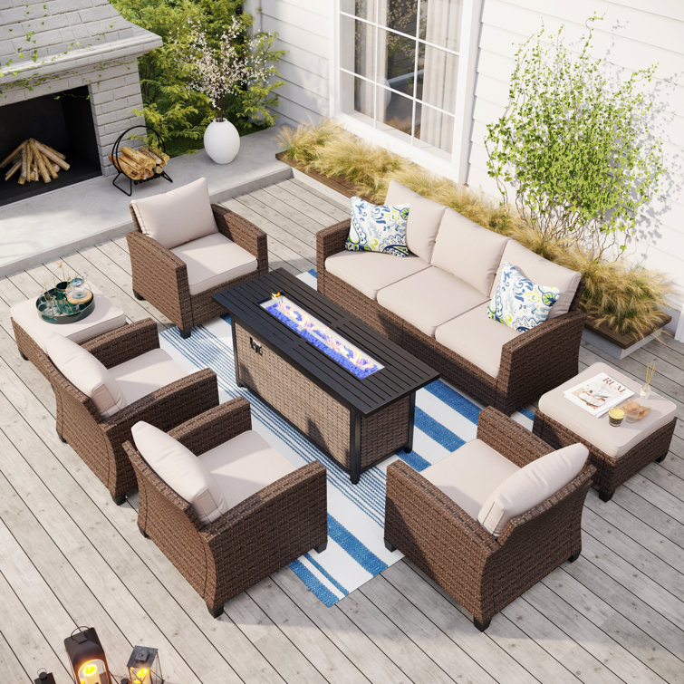 Argyri 9 - Person Outdoor Wicker Patio Conversation Furniture Set with Optional Fire Pit Table