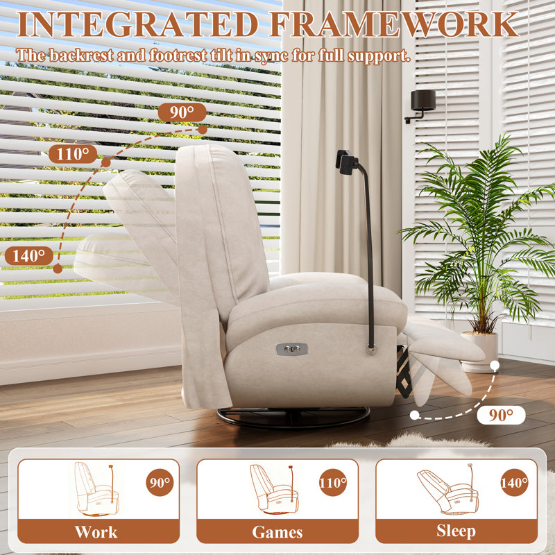 42" W Cream Soft Fabric Upholstered Power Swivel Rocker Recliner Chair with USB Port, Phone Holder, and Adjustable Footrest