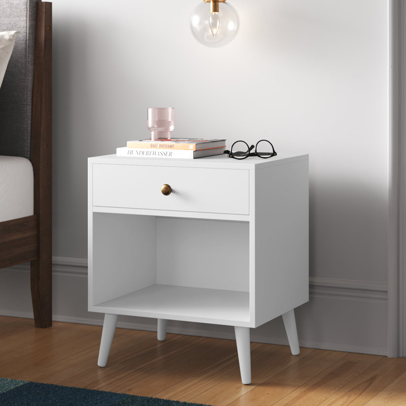 19.7" W Vansant 1 - Drawer Nightstand with Drawer and Open Compartment, Solid Wood Legs, White