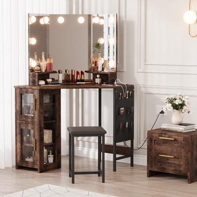 Ensemble de coiffeuse de coin avec miroir lumineux à DEL, station de charge, armoire de rangement, tabouret - coiffeuse de chambre à coucher, Tigerwood, miroir d'ampoule