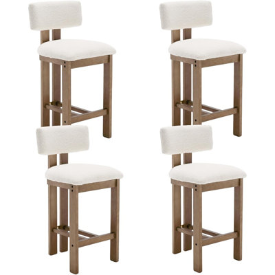 Ensemble de 4 tabourets de bar Farmhouse, tabourets de cuisine à hauteur de comptoir sans accoudoirs, chaises de bar rembourrées Boucle avec pieds en bois naturel, tabourets de campagne français pour îlot de cuisine, blanc