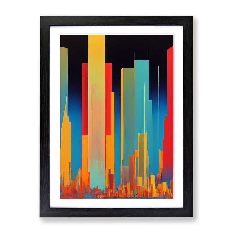 Animated City Skyline Abstract - Wall Art, Black Framed, 64cm H x 46cm W