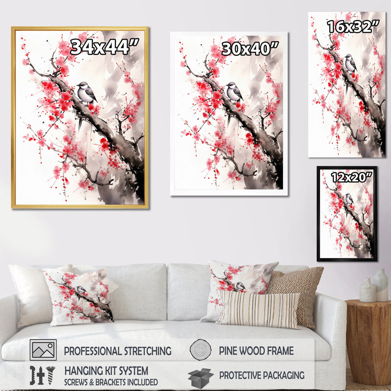 Art asiatique, oiseau Sumi, sérénité - impression, Cadre simple argenté, H 44 po x l 34 po x P 1,5 po
