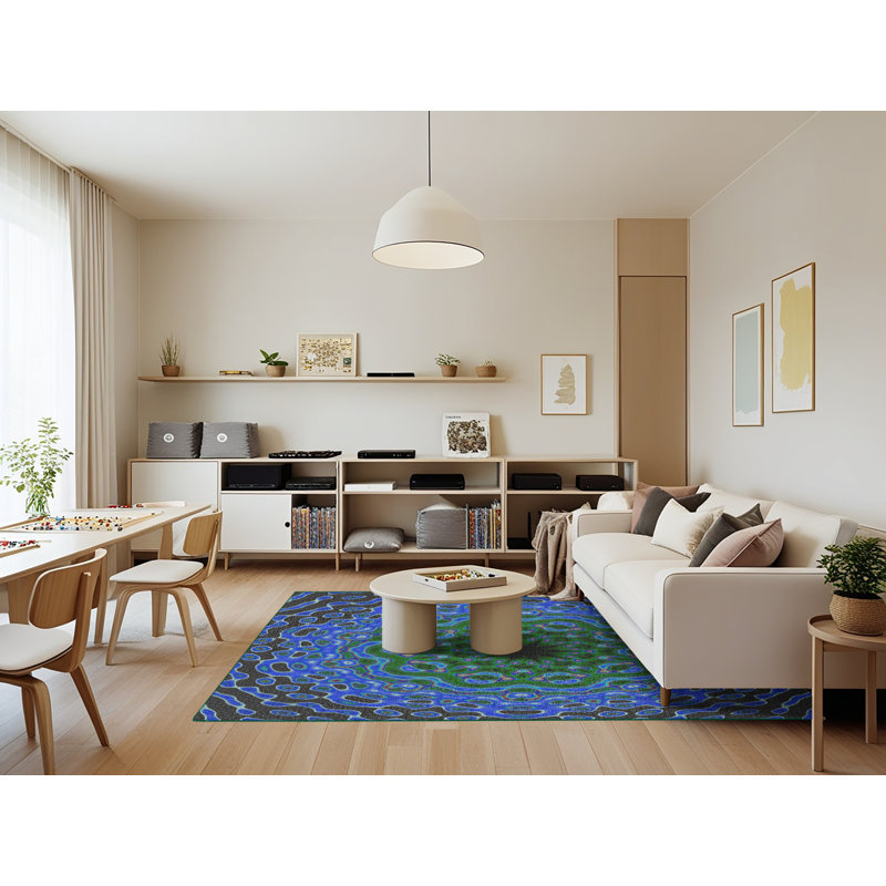 Tapis bleu/vert tissé à la machine, Rectangle 7 pi x 9 pi