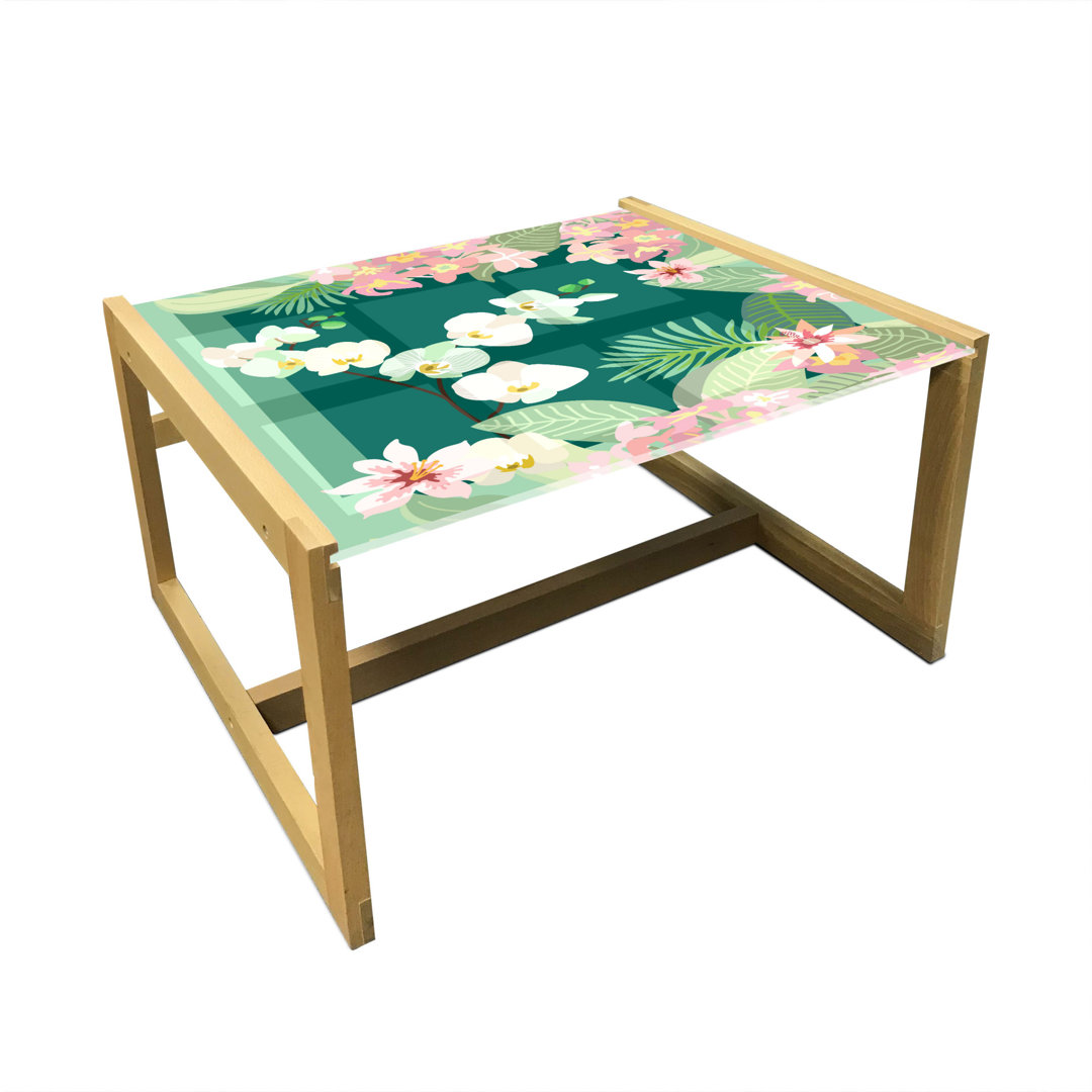 Couchtisch Jaielle mit Druck von tropischen Blumensträußen, Botanisch, Jungle, Tisch mit Acrylglas und Holzrahmen für Bü...