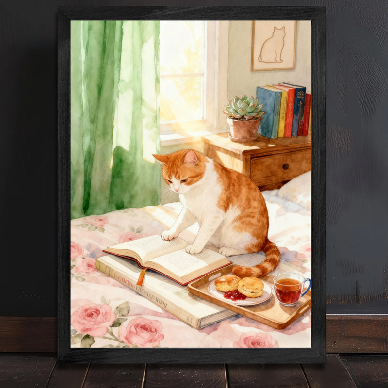Reproduction d'art encadré noir, rétro, chat chaud, thé d'après-midi, H 37 po x l 25 po